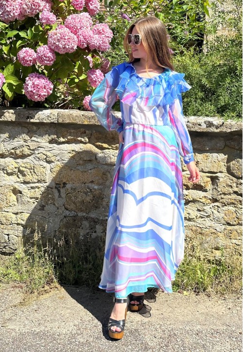 70's Vintage Ladies Ruffle Sheer Blue White Maxi Dress