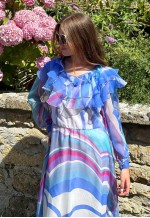 70's Vintage Ladies Ruffle Sheer Blue White Maxi Dress