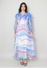 70's Vintage Ladies Ruffle Sheer Blue White Maxi Dress
