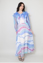 70's Vintage Ladies Ruffle Sheer Blue White Maxi Dress