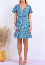 Summer Blue Daisy Dot Wrap Front Mini Dress