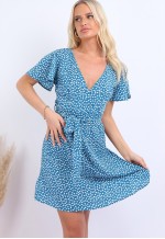 Summer Blue Daisy Dot Wrap Front Mini Dress
