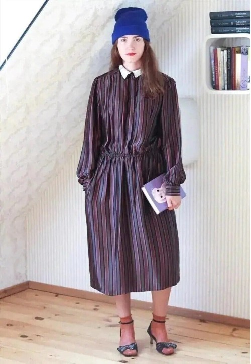 Khaki and pink striped long sleeve silky dress
