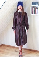 Khaki and pink striped long sleeve silky dress