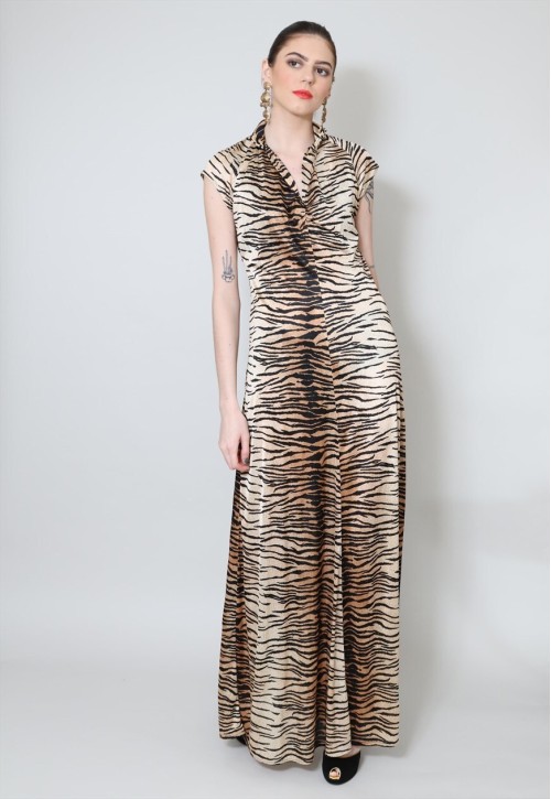 70's Vintage Animal Print Brown Black Maxi Dress