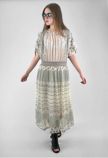 70's Vintage Cream Sheer Floral Open Sleeve Midi Dress