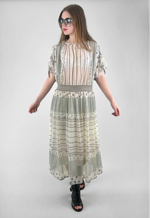 70's Vintage Cream Sheer Floral Open Sleeve Midi Dress