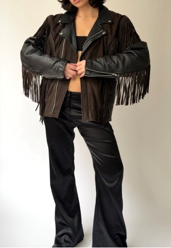 Vintage Fringed Brown/Black Leather Biker Jacket