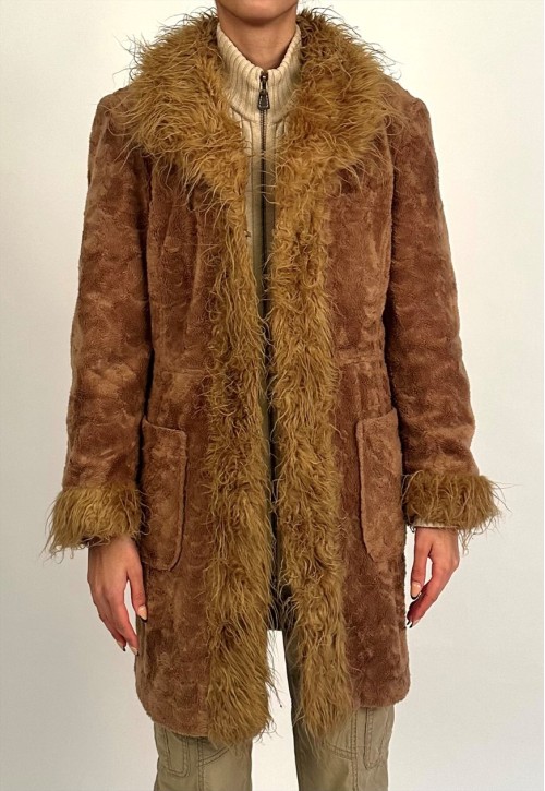 Vintage 00s Giacca Brown Tan Faux Fur Long Coat with Fur Tri