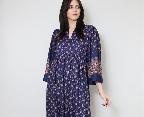 70's Vintage Folk Kimono Sleeve Blue Midi Dress Small